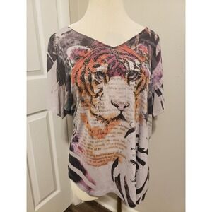 Lane Bryant Tiger T-shirt Gray Multi Graphic Bling V-Neck Short Sleeve 22/24